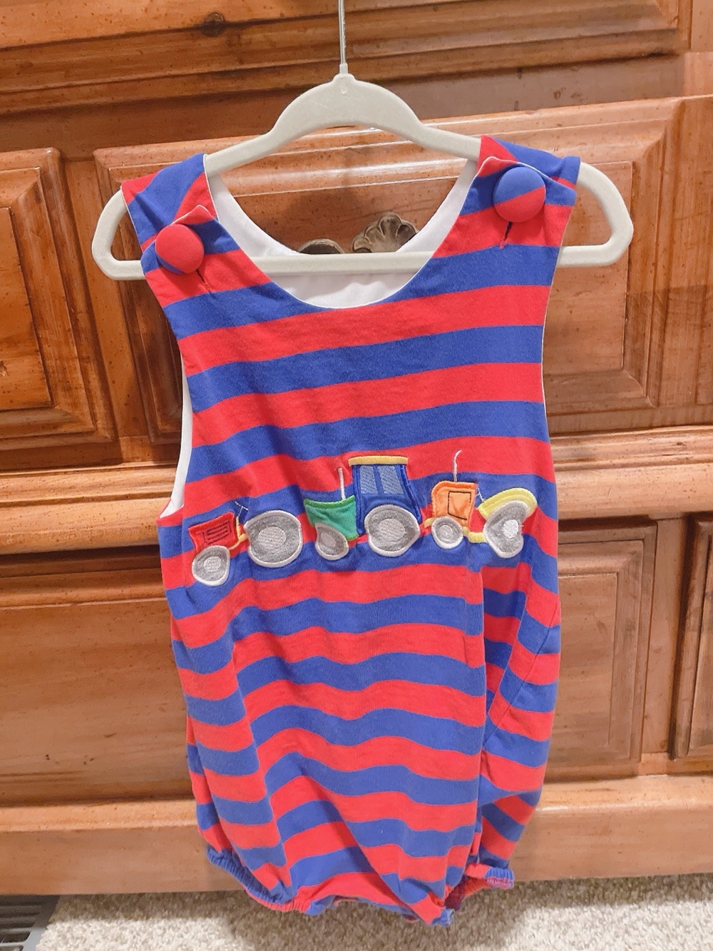 Castles & Crowns Blue & Red Striped Bubble Outfit Boys Tractor Size 18-24Months